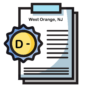 Illustration showing a document labeled 'West Orange, NJ' alongside a badge containing a D- grade in yellow/gold color