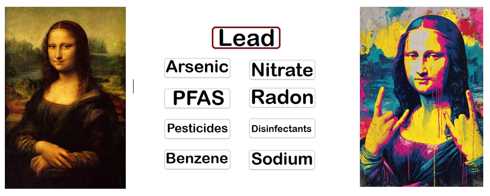 Creative comparison showing the classic Mona Lisa painting on the left and a vibrant pop-art version on the right, with a list of water contaminants between them: Lead, Arsenic, Nitrate, PFAS, Radon, Pesticides, Disinfectants, Benzene, Sodium