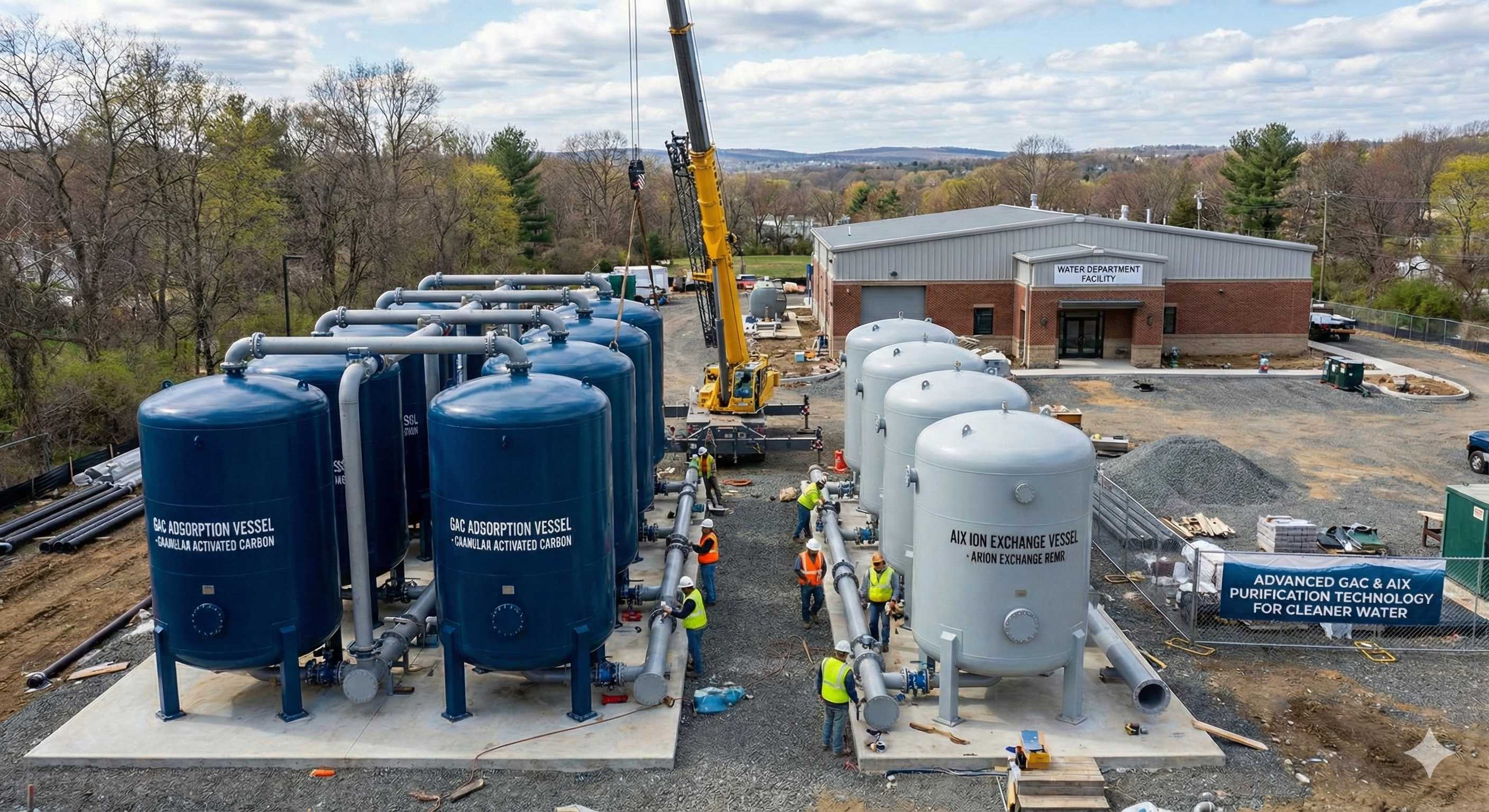 Aerial view of Advanced GAC and AIX Water Purification Plant with large blue GAC vessels and gray AIX vessels being installed