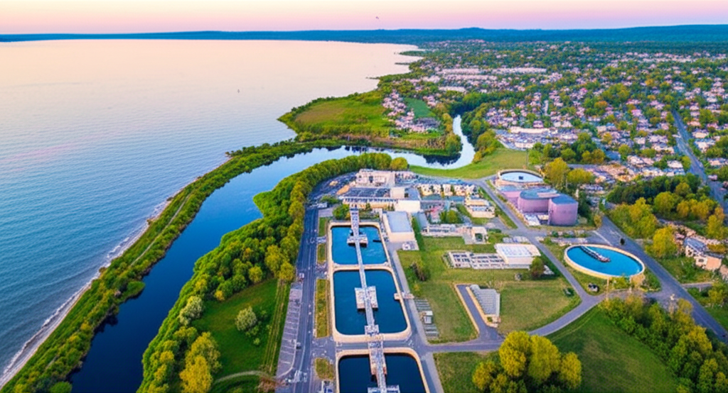 Town aerial view with water sources